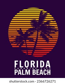 Florida Palm Beach sunset print t-shirt design. Poster palm tree silhouettes