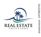 Florida palm tree with tropical beach logo design template vector illustration