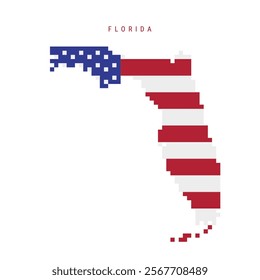 Florida pixel flag map icon. 8 bit pixel art map covered with american flag. Flat vector illustration isolated on white background.