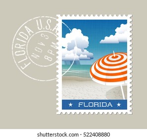 Florida postage stamp design. Detailed vector illustration of scenic beach with grunge postmark on separate layer