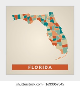 Florida poster. Map of the us state with colorful regions. Shape of Florida with us state name. Creative vector illustration.