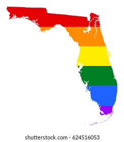 Florida pride gay vector map with rainbow flag colors. United States of America. Gay flag over Florida state map. Rainbow flag. 