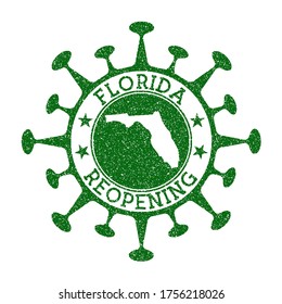 Florida Reopening Stamp. Green round badge of US state with map of Florida. US state opening after lockdown. Vector illustration.