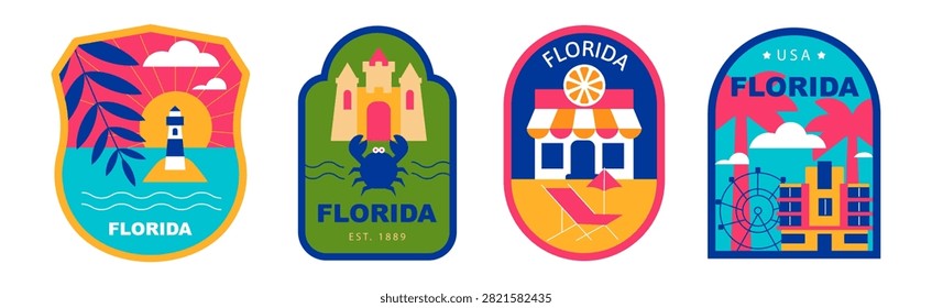 Florida Retro Badge set Geometric Flat Design Stickers, Patches and Labels with Tropical Nature, Beaches, Wildlife, Travel and State Symbols, Colorful Vector Illustration