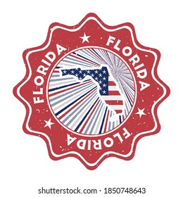 Florida round grunge stamp with US state map and country flag. Vintage badge with circular text and stars, vector illustration.