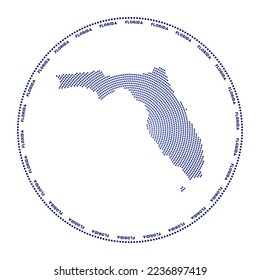 Florida round logo. Digital style shape of Florida in dotted circle with US state name. Tech icon of the US state with gradiented dots. Beautiful vector illustration.