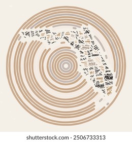 Florida Round Poster. Typography style image of State. Counties word clouds of Florida. Vintage image design with scratch texture.