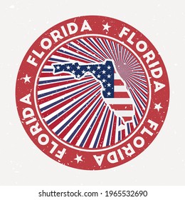 Florida round stamp. Logo of us state with flag. Vintage badge with circular text and stars, vector illustration.