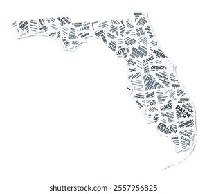 Florida shape text cloud. State border with shadow on white background. Florida with counties division in vintage gazette style. Trending vector illustration.