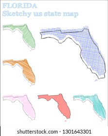 Florida sketchy US state map. Extraordinary hand-drawn illustration. Indelible childish style icon.