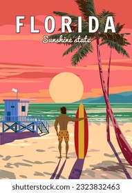 Florida Soutn Beach Retro Poster, surfer with surfboard. Lifeguard house on the beach, palm, coast, surf, ocean. Vector illustration vintage