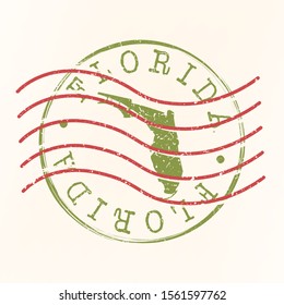 Sello Postal de Florida. Sello de silueta de mapa. Diseño redondo del pasaporte. Icono de Vector. Diseño de Viajes Retro.