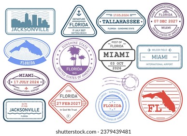 Florida stamps set, postage stamp with symbols of state and map outline, vector