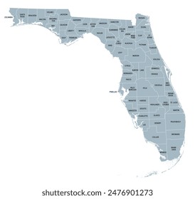 Florida state counties, gray political map. Florida, a state in the Southeastern region of the United States, subdivided into 67 counties. Map with boundaries and county names. Illustration. Vector