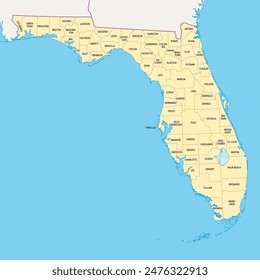 Florida state counties, political map. Florida, a state in the Southeastern region of the United States, subdivided into 67 counties. Map with boundaries and county names. Illustration. Vector