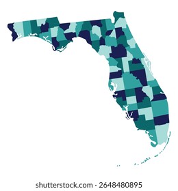 Florida state country map. Map of the U.S. state of Florida with city multicolor.