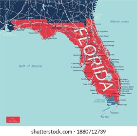 Florida state detailed editable map with cities and towns, geographic sites, roads, railways, interstates and U.S. highways. Vector EPS-10 file, trending color scheme