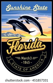 Florida state emblem, Dolphin, sunrise on a dark background