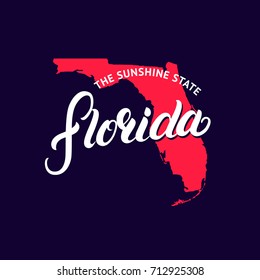 Florida state hand written lettering word and map for tee print, card and poster. Isolated on background. Vector illustration.