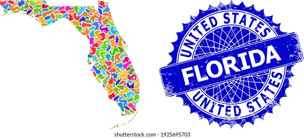 Florida State map abstraction. Splash collage map and scratched mark for Florida State. Sharp rosette blue mark with tag for Florida State map.