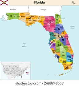 Florida state map with counties borders and colored congressional districts boundaries due to The 2020 United States census and which is valid since 2023. Flag of Florida. Vector