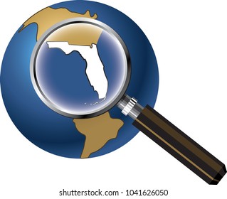 Florida State Map Enlarged on Globe with Magnifying Glass