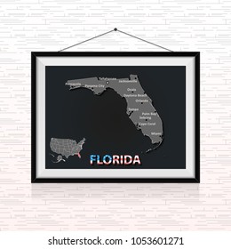Florida state map in the photo frame hanged on the wall 