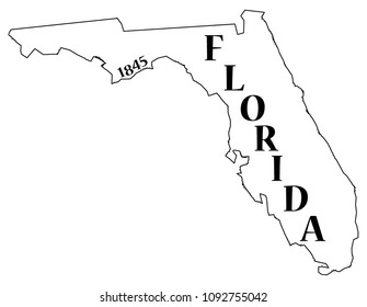 A Florida state outline with the date of statehood isolated on a white background 