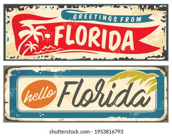 Florida state signs with decorative ribbon, palm trees and ocean. Hello Florida retro signposts set. Travel and vacation souvenirs vector illustration.