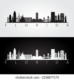 Florida state skyline and landmarks silhouette, black and white design. Vector illustration.