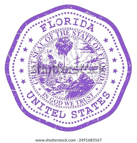 Florida state stamp with seal, USA travel stamp, shabby postmark of Florida, vector