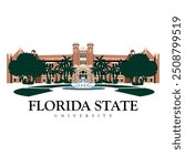 Florida State University main architecture vector file for print on shirts. Palm tree clip art in front of florida state college america. fountain and water illustration