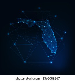 Florida state USA map glowing silhouette outline made of stars lines dots triangles, low polygonal shapes. Communication, internet technologies concept. Wireframe futuristic vector illustration