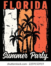 Florida Summer Party T-shirt Design, Beach Vector Artwork for summer, Beach vibes retro vintage sunset graphic print design for apparel and others.