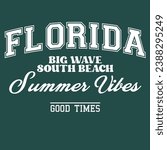 Florida, Summer Vibes. Vintage beach print. tee graphic design, t shirt slogan print or other uses. 