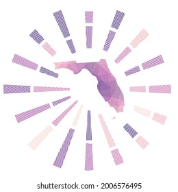 Florida sunburst. Low poly striped rays and map of the US state. Attractive vector illustration.