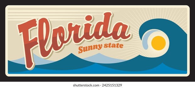 Florida sunny state metal vintage travel plate. Tallahassee capital, Jacksonville city tin number. Vector USA old, sign, signboard retro typography, blue waves, sun and sunrise or sunset