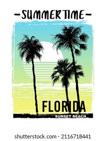 Florida Sunset Beach illustration with palms and sun on colorful background