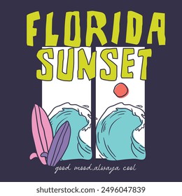 florida sunset. Poster template with lettering and palms. Vector image