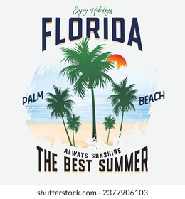 Florida Sunset at Tropical Beach text with vector illustrations. Florida summer tee graphic design. Vintage design. Typography, t-shirt graphics, print, poster, banner, flyer, postcard