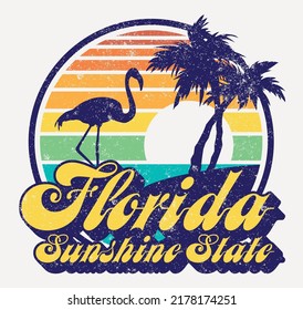 Florida the sunshine state badge vintage vector print for girl t shirt grunge effect in separate layer