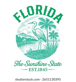 Florida The Sunshine State - US State Vintage T-shirt Vector, USA States Cityscape Landmark Icons, American State Typography Shirt, USA Skyline Clipart, Retro travel city illustration
