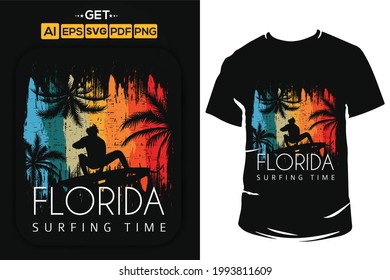 Florida surfing beach, Summer stylish typography t-shirt and apparel trendy design with palm trees silhouettes, sunset, colorful, print, vector illustration. Beach t shirt with grunge texture.