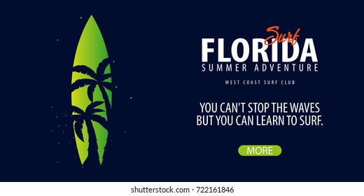 Florida Surfing graphic with palms. Surf club Vector banner