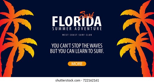 Florida Surfing graphic with palms. Surf club Vector banner