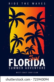 Florida Surfing graphic with palms. T-shirt design and print