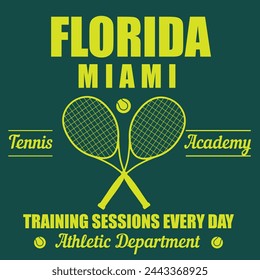 Florida tennis academy t-shirt design. College style tee shirt with tennis ball. Sport apparel print