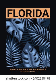 Florida text with vector tropical leaves. For t-shirt prints and other uses.