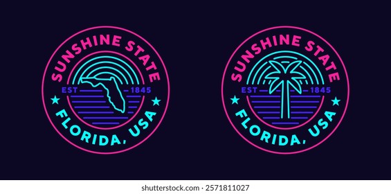 Florida travel logo. Welcome to Florida. Neon style, editable stroke. Thin vector icon set