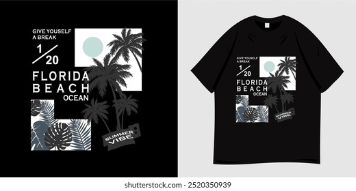 Florida tropical summer graphic t-shirt design. Nature symbols, beach, ocean, tropical leaves. Print for clothes, wear, tees, apparel and fashion. Vector illustration.